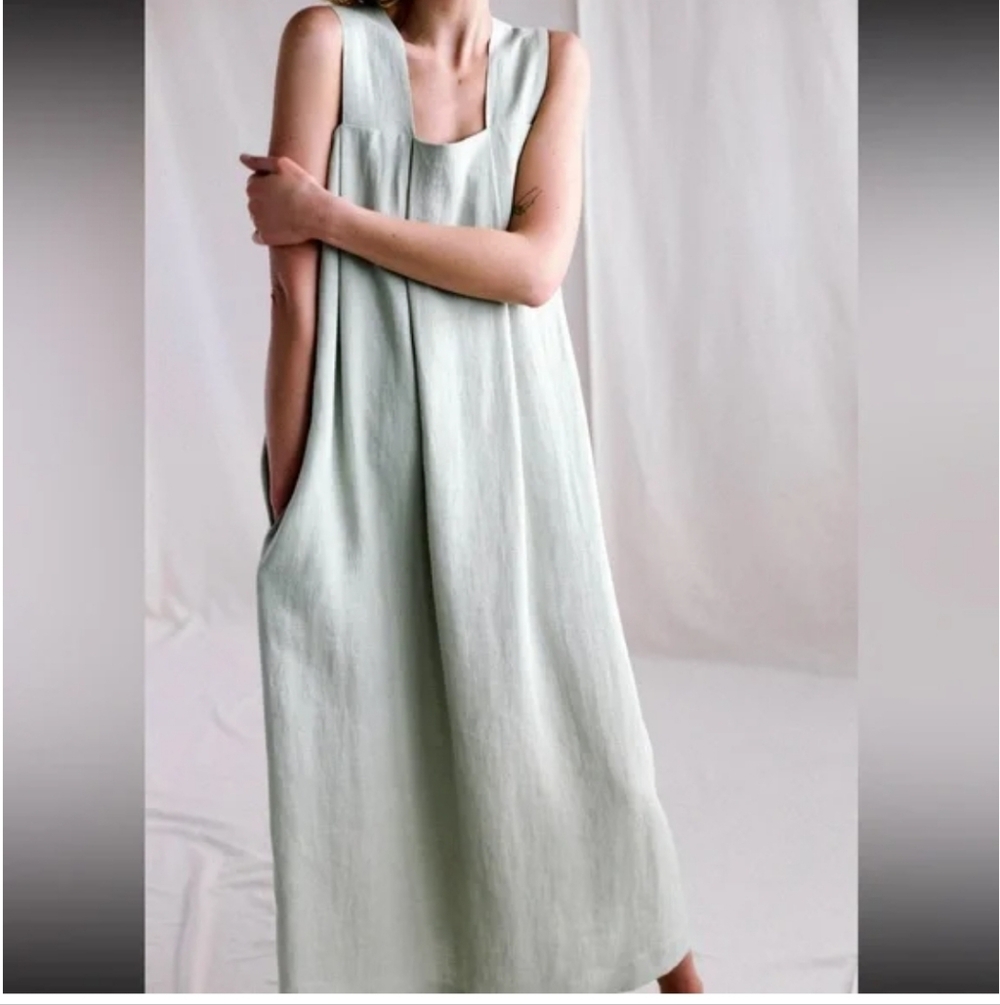 New Man In The Studio Origami 100% Linen Elegant Sleeveless Green Dress‎